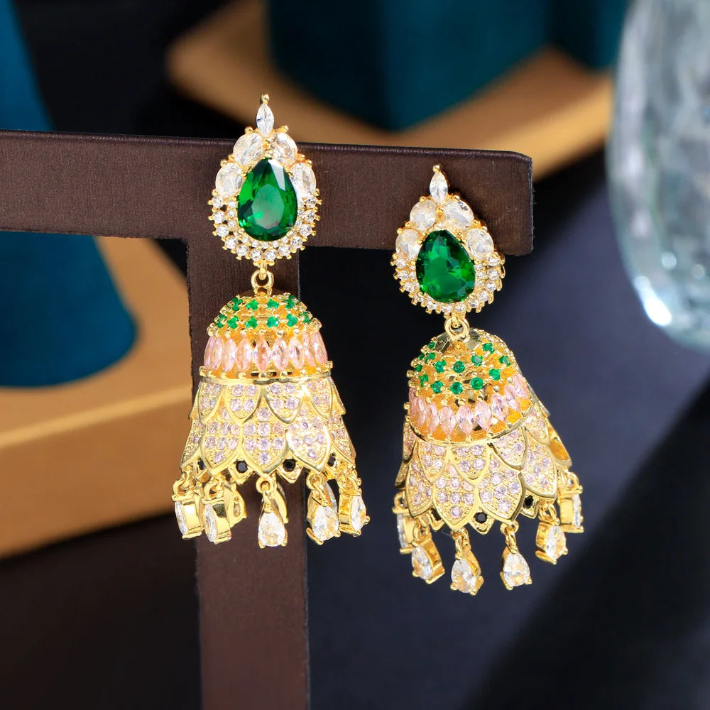 Top Shiny Royal Green Cubic Zirconia Paved Dangling Drop Fringed Earrings for Wedding Party Jhumka Jhumki Jewel - EUFASHIONBAGS