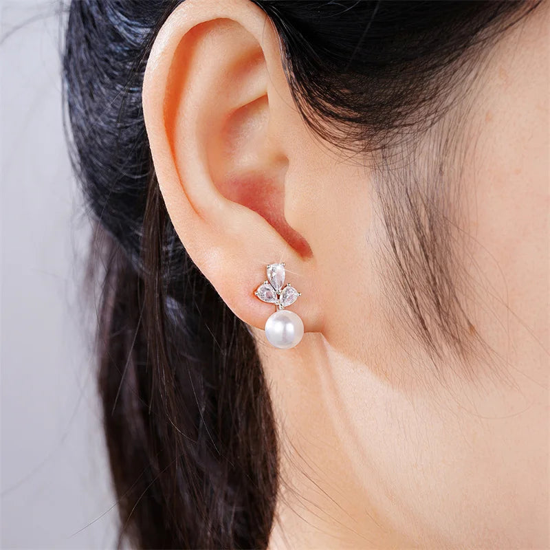 Dainty Simulated Pearl Earrings for Women with Shiny Cubic Zirconia Delicate Female Earrings Elegant Daily Wear Jewelry