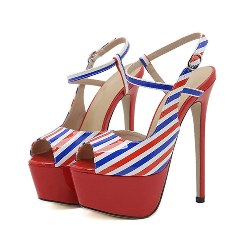 Summer Fashion Striped Ankle Strap Women Sexy 16CM Fetish Sandal Platform High Heels Wedding Banquet Shoes Stilettos Mujer - EUFASHIONBAGS