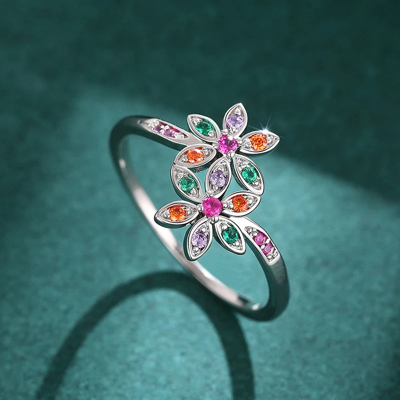 Delicate Double Flower Finger Ring Female Bright Zirconia Jewelry for Engagement Graceful Silver Color Daily Accessories