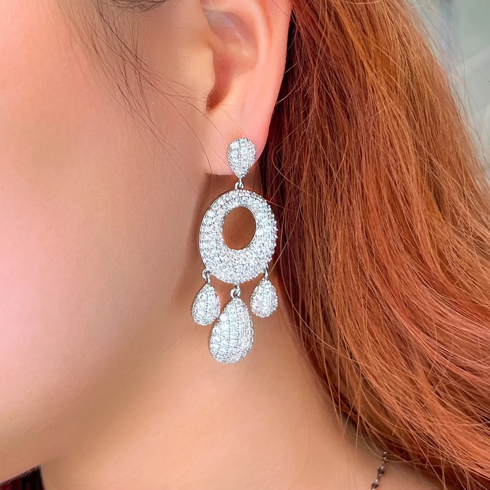 Delicate Cubic Zirconia Dangling Long Water Drop Chandelier Earrings for Women Dubai Nigerian Wedding Jewelry - EUFASHIONBAGS