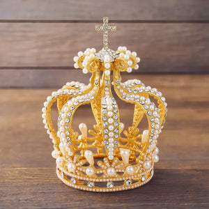 Lxury Pearl Queen King Tiaras and Crowns Men/Women Pageant Prom Royal Diadem Hair Ornaments Wedding Hair Jewelry Accessories