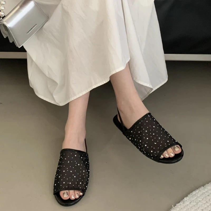 Mesh Rhinestone Flat Sandals Ladies Breathable Summer 2025 NEW Open Toe Slides Female Comfy Fashion Brand Design Slippers Women