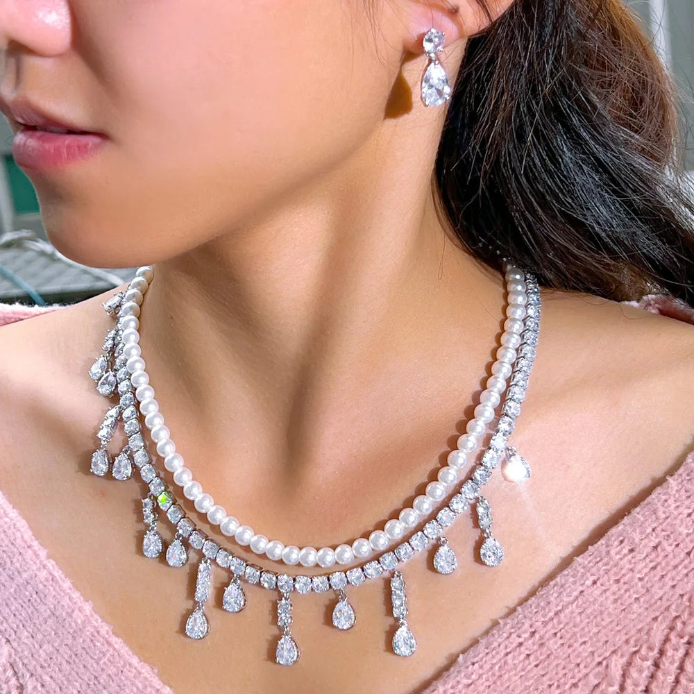 Shiny Tassel Water Drop Cubic Zirconia Big 2 Layer Pearl Necklace Bridal Jewelry Sets for Wedding Women Party - EUFASHIONBAGS