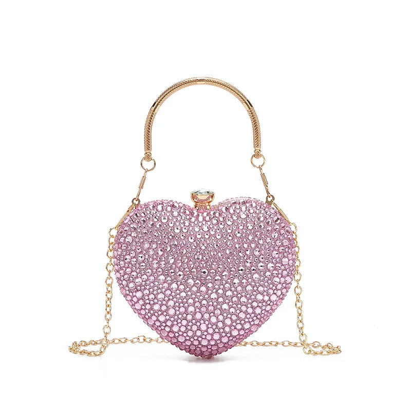 Luxury Diamond Inlay Heart Shape Crystal Clutch Purse Stones Evening Wedding Party Shoulder Bag Handle Rhinestone Mini Handbags