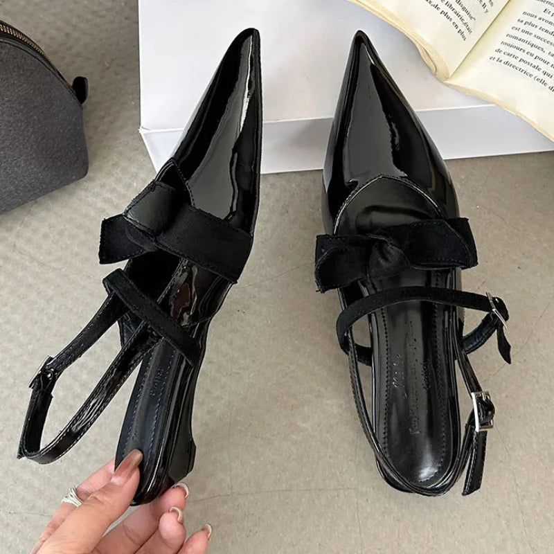 Butterfly-knot Pointed Toe Mary Jane Shoes Women Patent Leather Fashion Low Heeled Dress Shoes Female Pumps Sandalias De Mujer