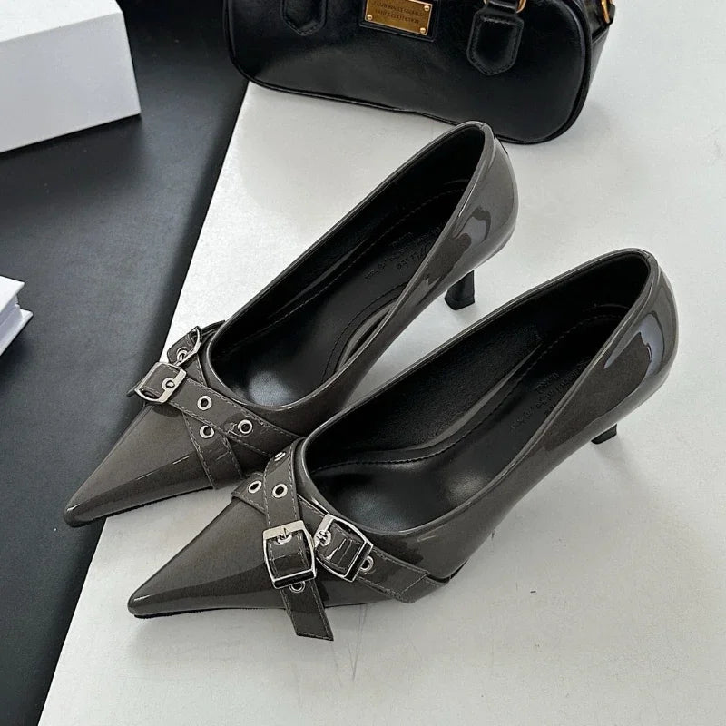 Belt Buckle Design High Heels Women Brand Women Shoes Shallow Classics Elegant Dress Shoes Fashion Pointed Toe Pumps Women