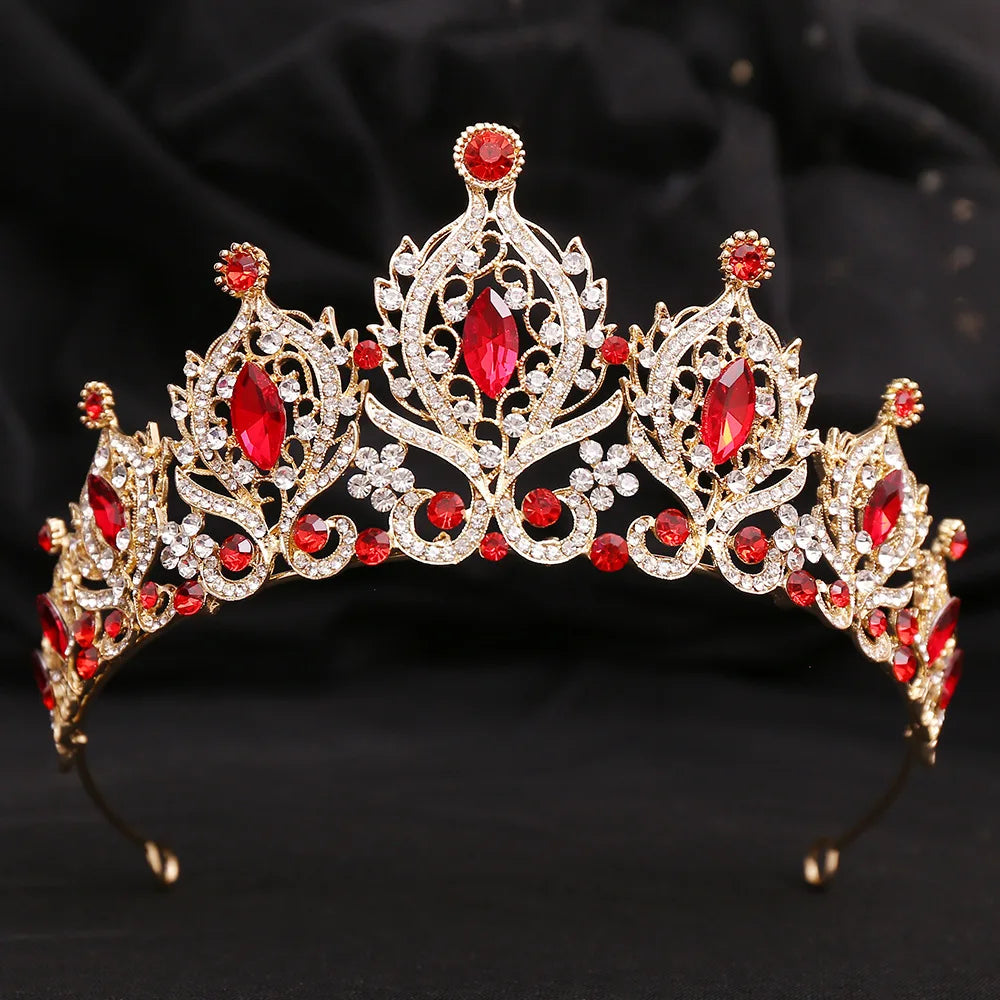 Baroque Gold Color Red Crystal Bridal Tiaras Crowns Rhinestone Pageant Diadem Women Headpieces Wedding Hair Accessories Jewelry