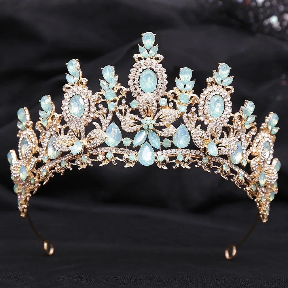 New Luxury Gold Color Green Opal Crystal Flower Water Drop Tiaras Crown Women Wedding Party Diadem Bridal Crown Hair Accessories - EUFASHIONBAGS