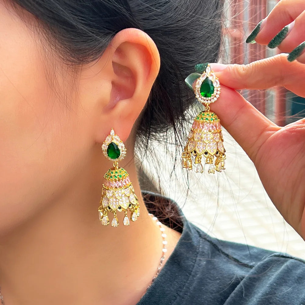 Top Shiny Royal Green Cubic Zirconia Paved Dangling Drop Fringed Earrings for Wedding Party Jhumka Jhumki Jewel - EUFASHIONBAGS