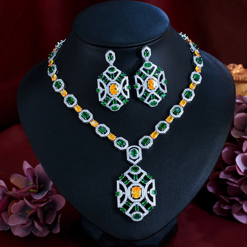 Yellow Green Cubic Zirconia Wedding Banquet Big Chunky Necklace and Earrings Bridal Party Costume Jewelry Sets - EUFASHIONBAGS