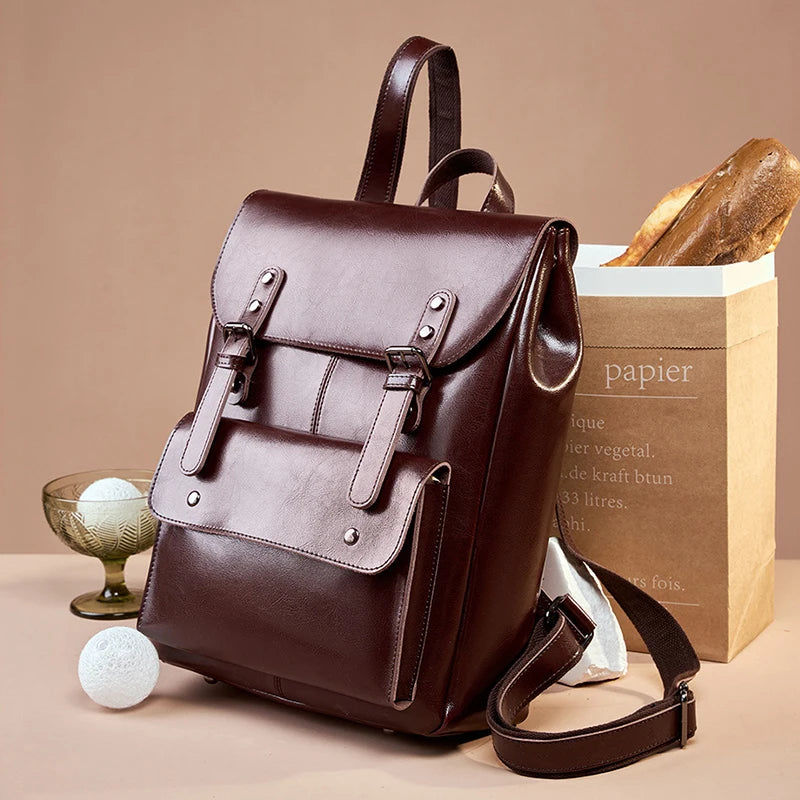 Genuine Leather Backpack for Women Vintage Preppy Style Backpacks Girls Fashion Cowhide School Bag Student Computer Bags