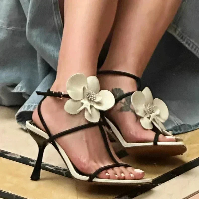 Flower Designer Heels Sandals Women Open Toe Narrow Band Slingback Shoes Ankle Strap Elegant Party Wedding Shoe Zapatos De Mujer