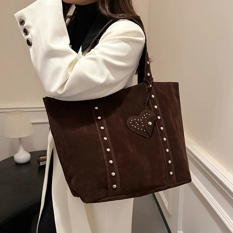 Nubuck Leather Tote Bags Lady Shoulder Bag for Women Winter New Fashion Retro Rivent Handbags and Purses - EUFASHIONBAGS