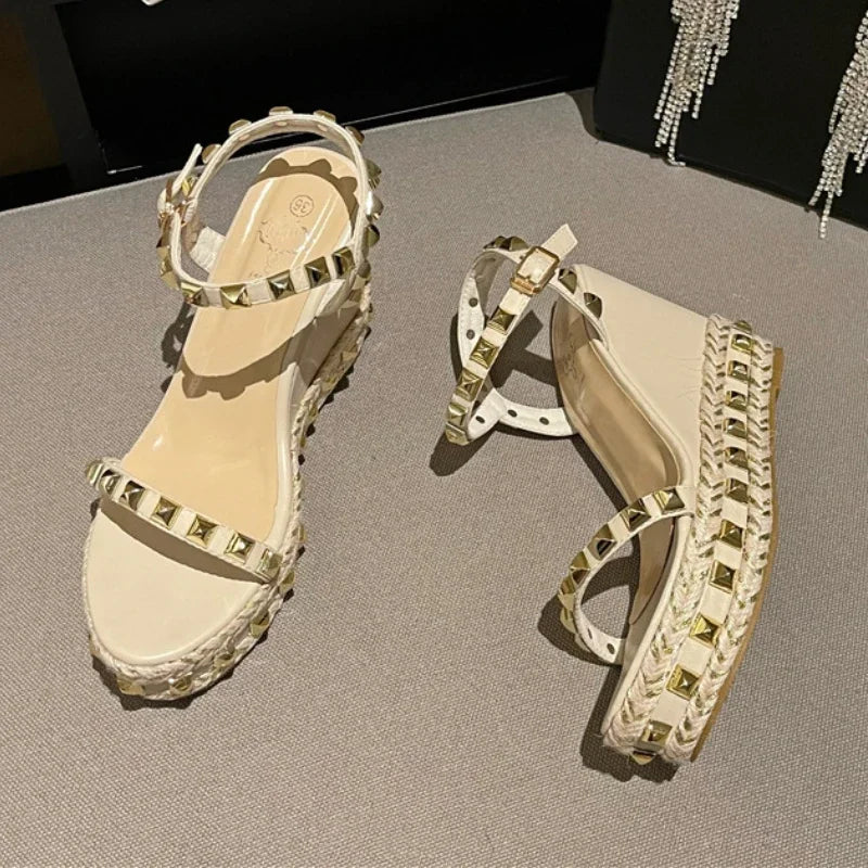 Studded Wedge Sandals Women Black Designer Brand High Heeled Roman Sandals Female Summer 2025 Open Toe Platform Sandalias Mujer