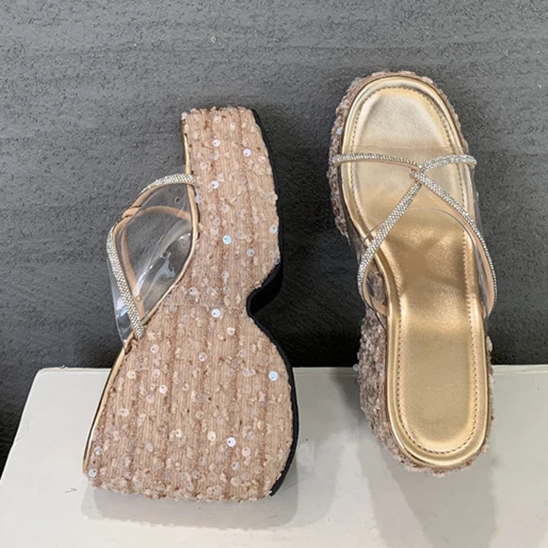 Summer Wedges Shoes For Women Platform Slippers Fashion Crystal Rhinestone High Heels Square Toe PVC Transparent Sandals