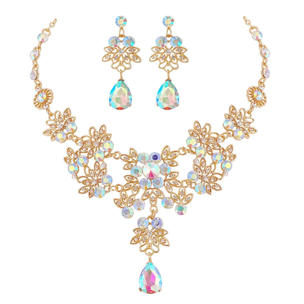 Baroque Pink Purple Crystal Bridal Wedding Jewelry Sets Women Gold Color Rhinestone Necklace Long Earrings Set Dress Accessories - EUFASHIONBAGS