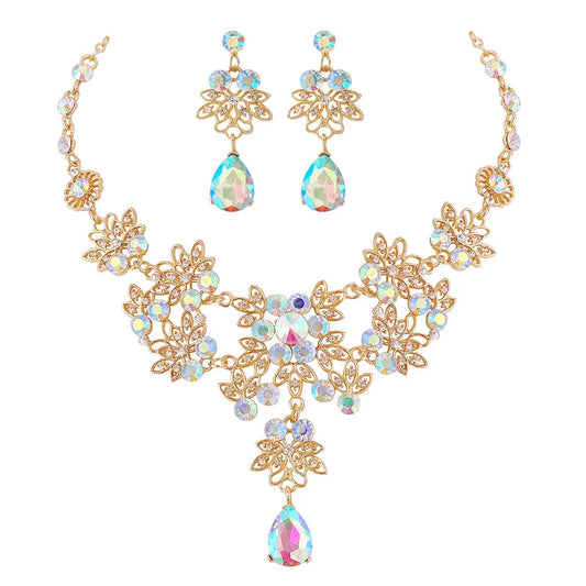 Fashion Exquisite AB Color Crystal Water Drop Wedding Bridal Formal Party Jewelry Sets Rhinestone Brides Necklace Earrings Sets - EUFASHIONBAGS