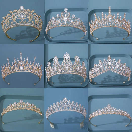 Baroque Korean Gold Color Crystal Crown Hair Accessories Luxury Rhinestone Tiara For Women Wedding Headdress Bridal Hair Jewelry