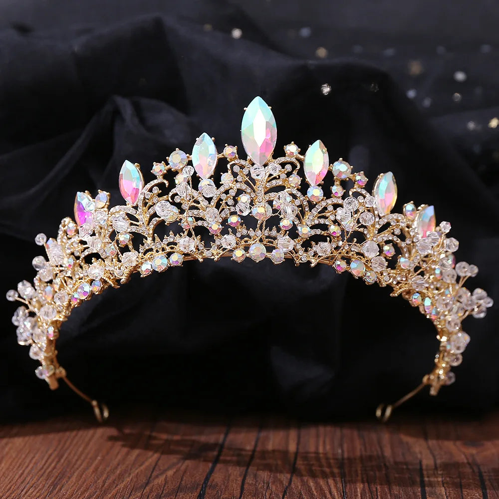 Luxury Silver Color AB Crystal Bridal Tiaras Baroque Crown Headband Bride Party Rhinestone Diadem Wedding Hair Jewelry Ornaments - EUFASHIONBAGS