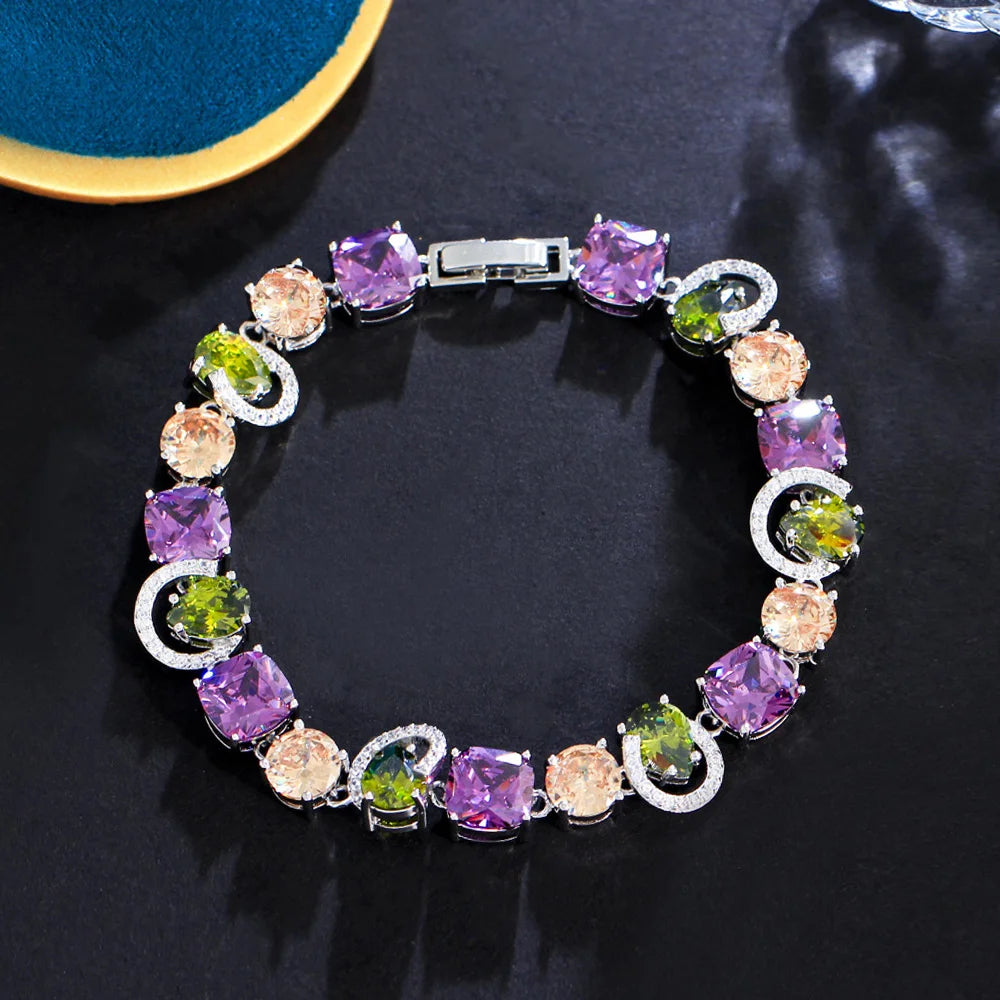 Genuine Cubic Zirconia Sparkling Purple Olive Green CZ Stone Charm Female Engagement Party Bracelets Jewellery