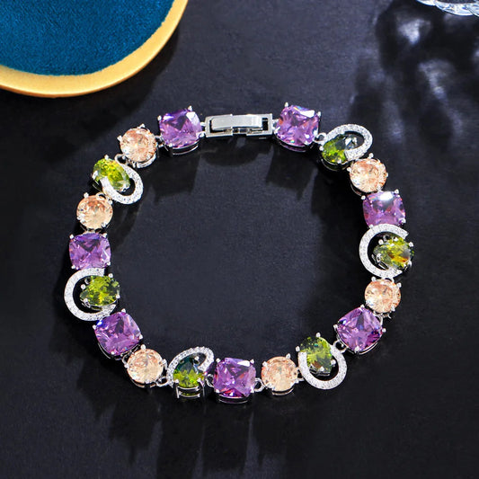 Genuine Cubic Zirconia Sparkling Purple Olive Green CZ Stone Charm Female Engagement Party Bracelets Jewellery - EUFASHIONBAGS