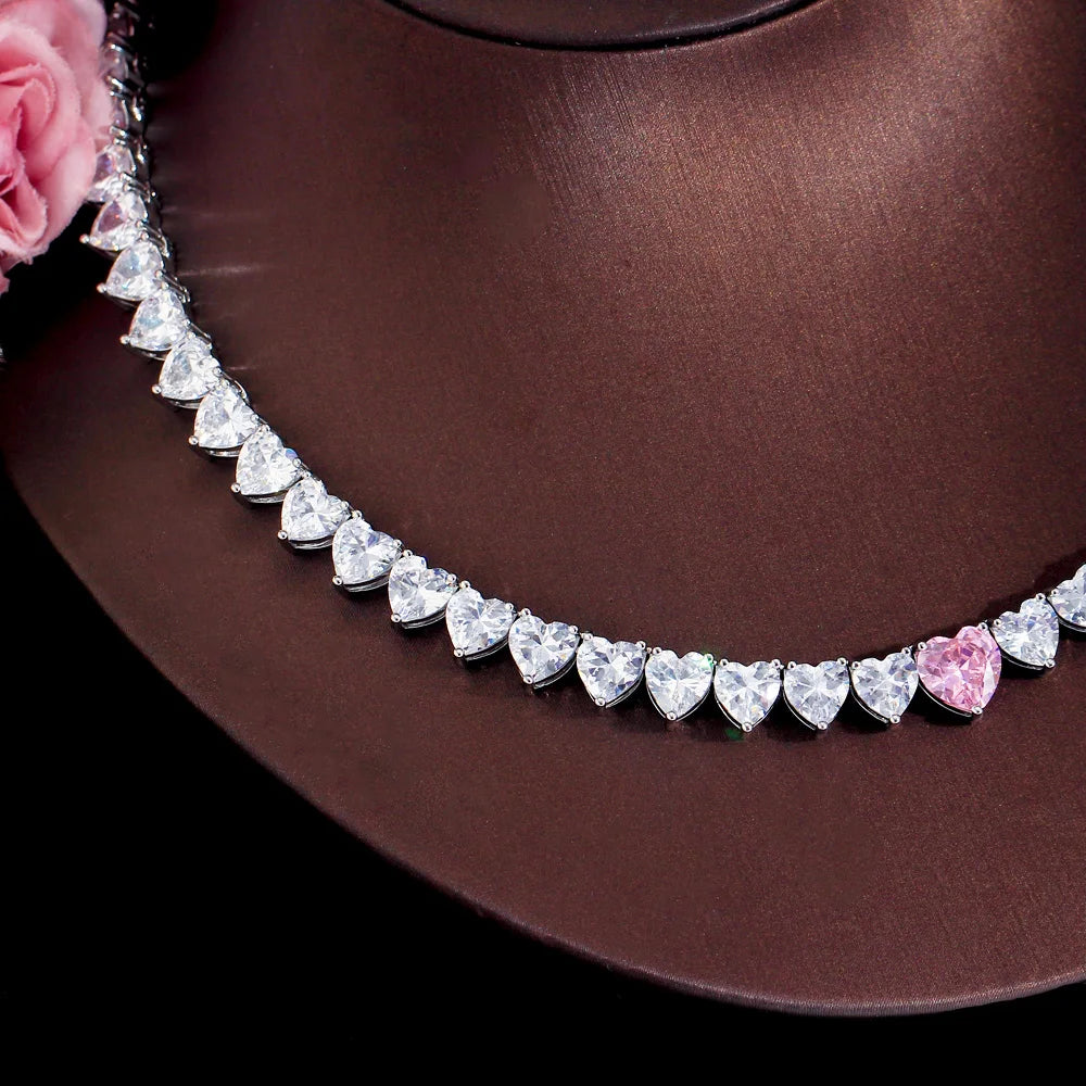 Real 5A Gorgeous Cubic Zirconia Paved Pink Love Heart Shape CZ Tennis Necklace for Women Party Dress Jewelry