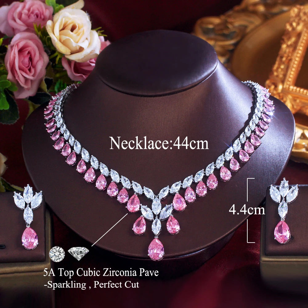 Super Shiny Pink Cubic Zirconia Big Tassel Water Drop Women Wedding Party Bridal Necklace Costume Jewelry Sets - EUFASHIONBAGS