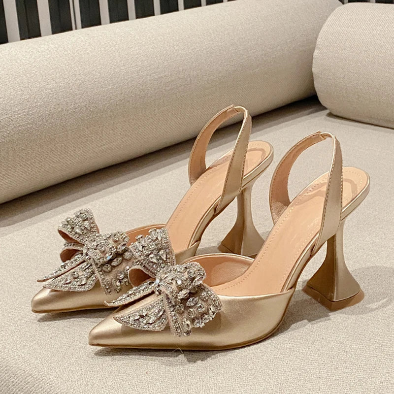 Fashion Sequined Crystal Bowknot Women Pumps Sexy Pointed Toe Red High Heels Wedding Banquet Shoes Ladies Slingback Sandal