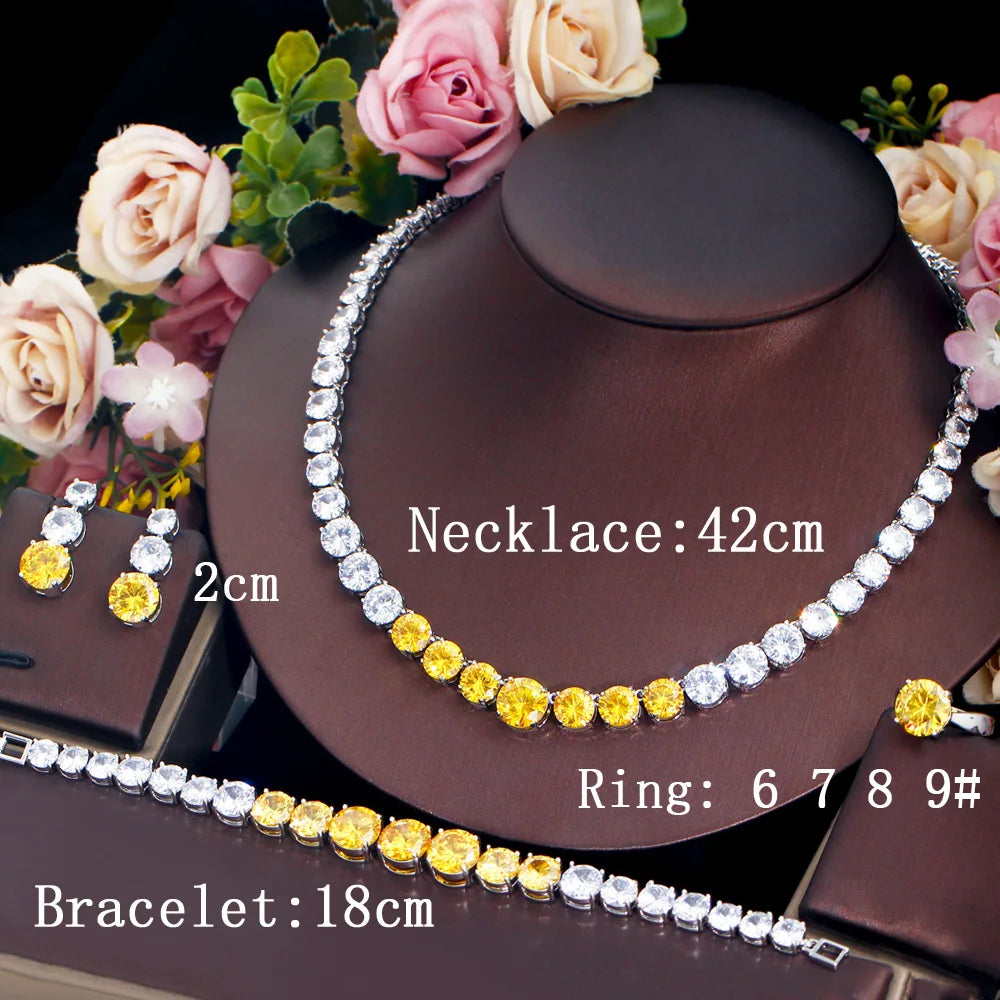 Round Cubic Zirconia Tennis Necklace Bracelet Earrings and Ring 4 pcs Bridal Wedding Jewelry Sets for Women - EUFASHIONBAGS