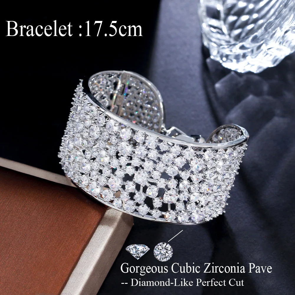 Round Cubic Zirconia Paved White Gold Color Luxury Big Wide Wedding Bridal Bangle Bracelets for Women - EUFASHIONBAGS