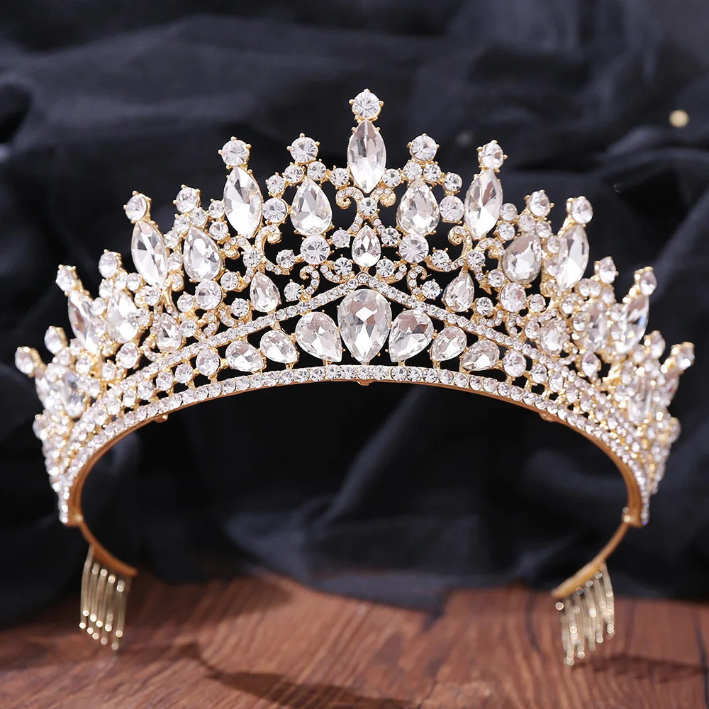 Baroque Korean Gold Color Crystal Crown Hair Accessories Luxury Rhinestone Tiara For Women Wedding Headdress Bridal Hair Jewelry