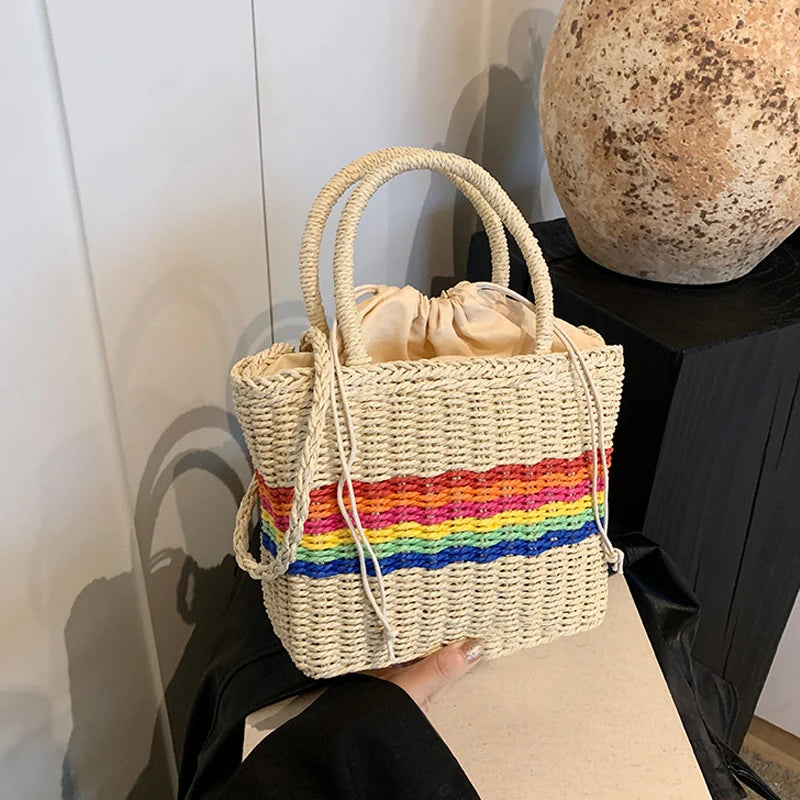 Women Drawstring Crossbody Bag Woven Tote Handbag Versatile Straw Rainbow Sling Bag Female Leisure Shoulder Bag - EUFASHIONBAGS