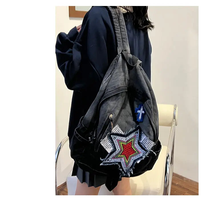 Vintage Grunge Denim Backpacks Women Patchwork Large Y2k Mochila School Bag Ladies Harajuku Backpack Aesthetic - EUFASHIONBAGS