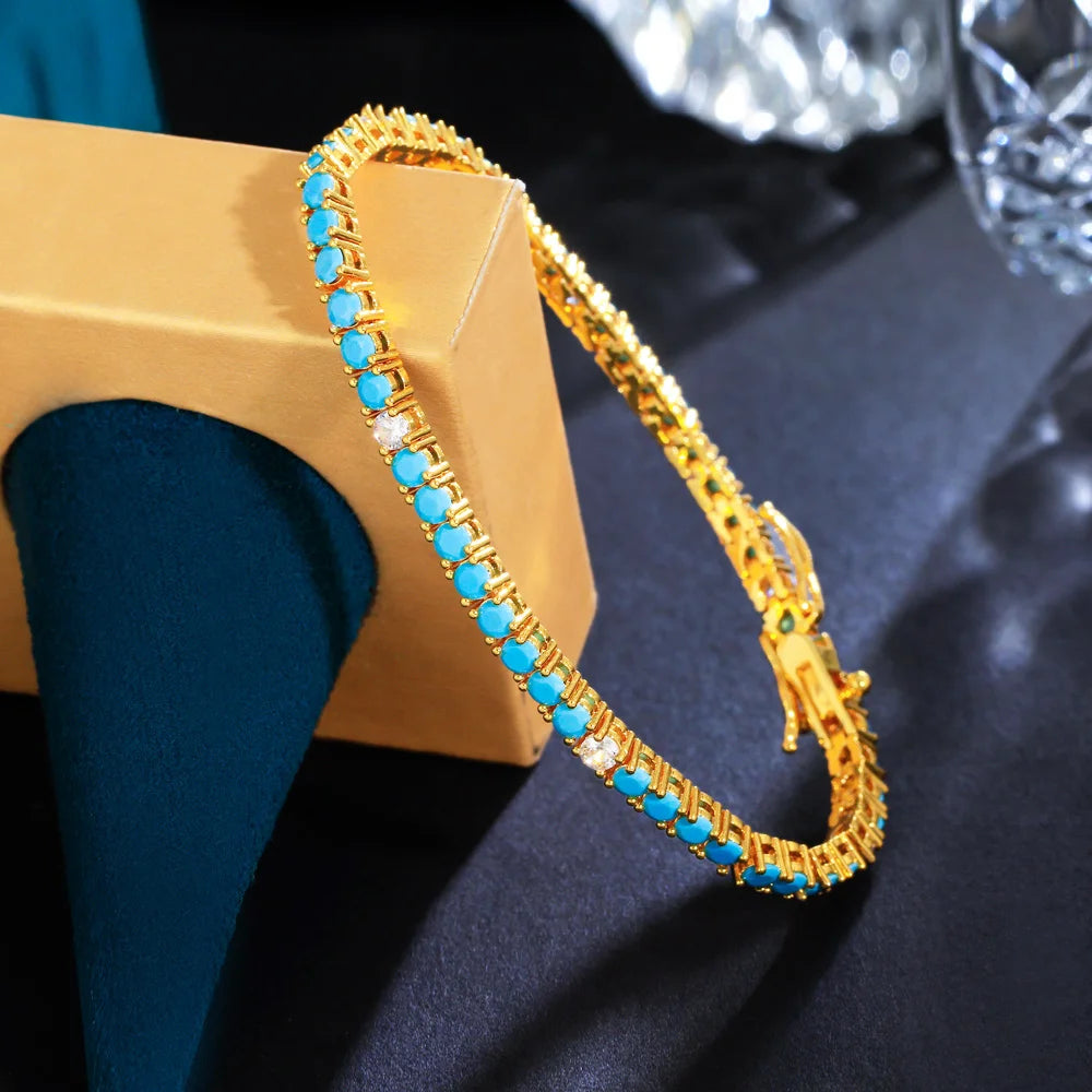 New Fashion 3mm Round Blue Turquoises Stone Classic Tennis Chain Bracelets for Women Girl Gold Plated Jewelry - EUFASHIONBAGS