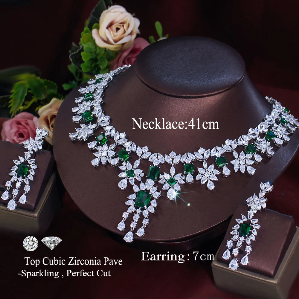 Luxury Dangle Tassel Drop Cubic Zirconia Green Wedding Decor Party Big Necklace Bridal Jewelry Sets for Women - EUFASHIONBAGS