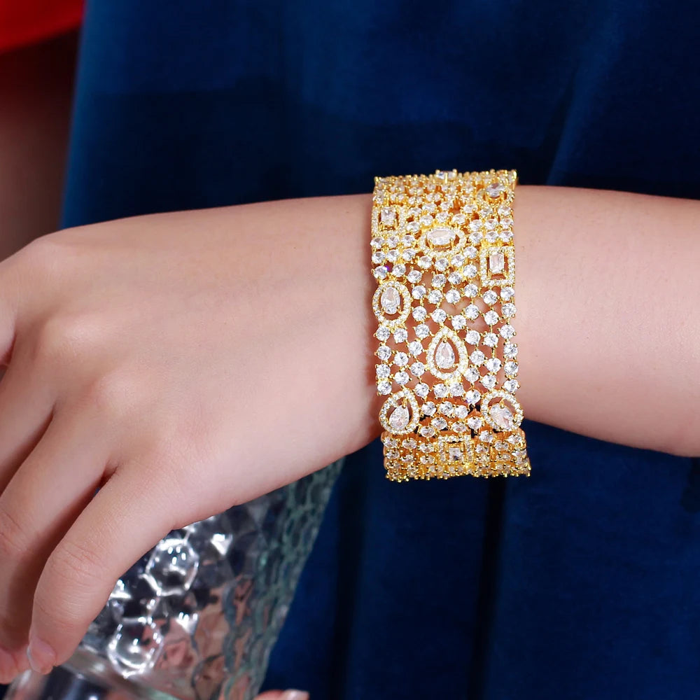 Luxury Statement Chunky Cubic Zirconia Pave Wide Big Bridal Wedding Cuff Bangles for Women Dubai Gold Color - EUFASHIONBAGS