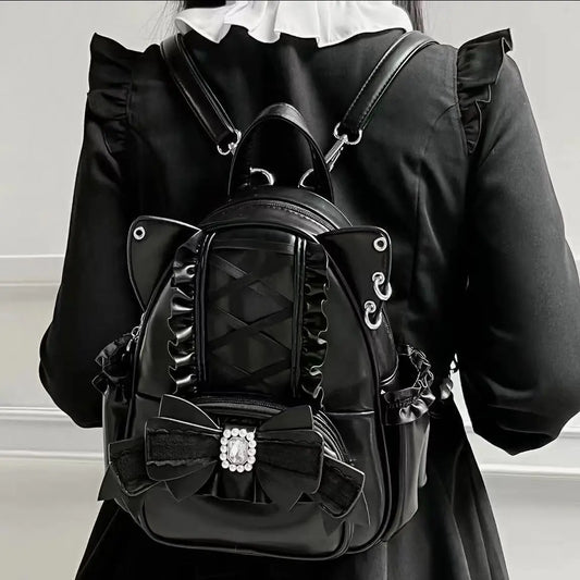 Aesthetic Mini Backpack Women Sweet Cute Lace Bow Chic Cat Y2k Backpacks Student Japanese Mochila Aesthetic - EUFASHIONBAGS