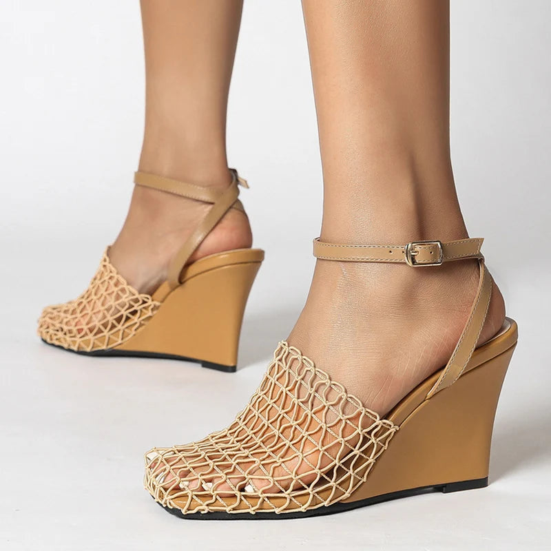 Street Style Hollow Out Fishing Net Women Wedge Sandals Sexy Square Toe Buckle Strap High Heels Shoes Size 35-43