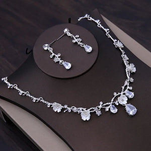 Luxury Silver Color Bridal Jewelry Set Rhinestone Pageant Tiara Crown Necklace Earring Set For Women Bride Wedding Jewelry Set