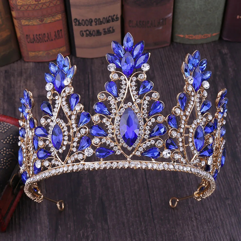 Baroque Gold Color Blue Diadem Rhinestone Crystal Tiaras Bride Headdress Princess Wedding Crown Pageant Hair Jewelry Accessories - EUFASHIONBAGS