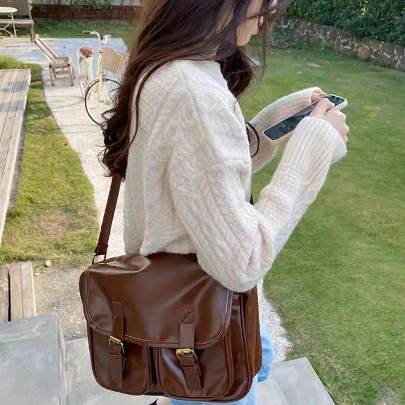 Large  Brown Messenger Bag Women Vintage Soft Chic Pu Leather Handbag Female Harajuku Casual Crossbody Bags New