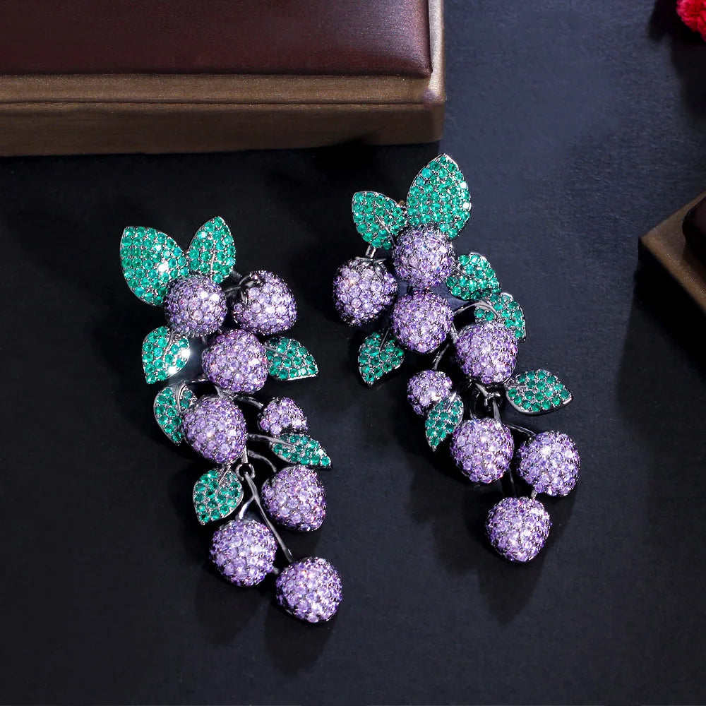 Luxury Micro Pave Purple Green Cubic Zirconia Stone Big Long Dangle Drop Leaf Wedding Party Earrings for Women