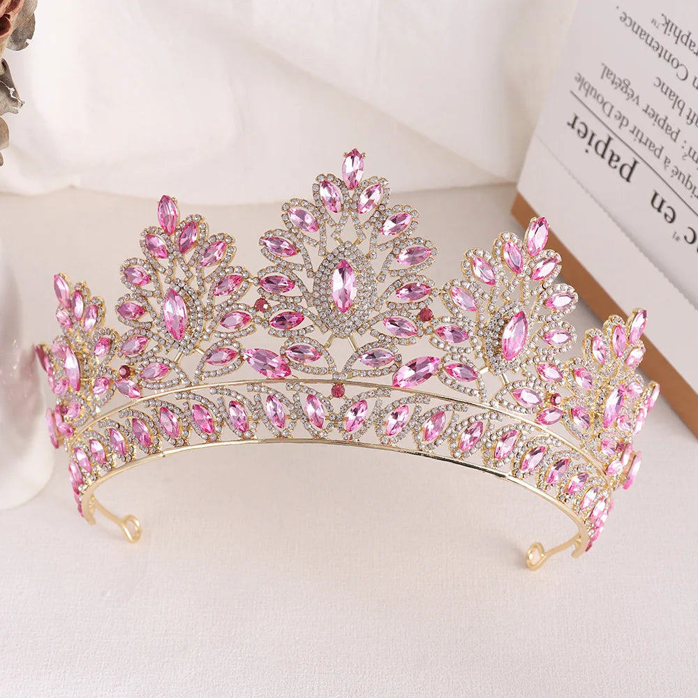 Baroque Pink Opal Wedding Big Crown Princess Headdress Crystal Bridal Tiaras Rhinestone Diadem Wedding Hair Jewelry Accessories - EUFASHIONBAGS