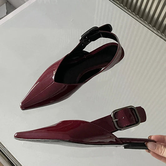 Fashion Design Big Buckle Strap Women Casual Flat Mules Sandals High Quality Cozy Patent Leather Pointed Toe Dress Shoes - EUFASHIONBAGS