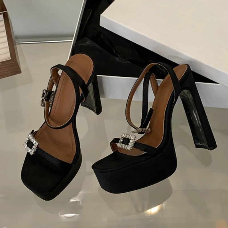 Sexy Black High Heels Platform Sandals For Women Fashion Thick Bottom Square Toe Crystal Buckle Ladies Party Banquet Shoes - EUFASHIONBAGS