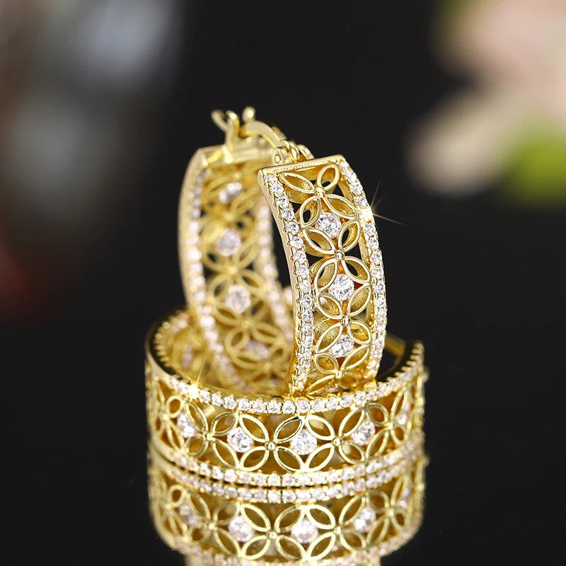 Aesthetic  Delicate Hoop Earrings Hollow-out Design Gold Color Shiny Zirconia Jewelry Graceful Engagement Accessories