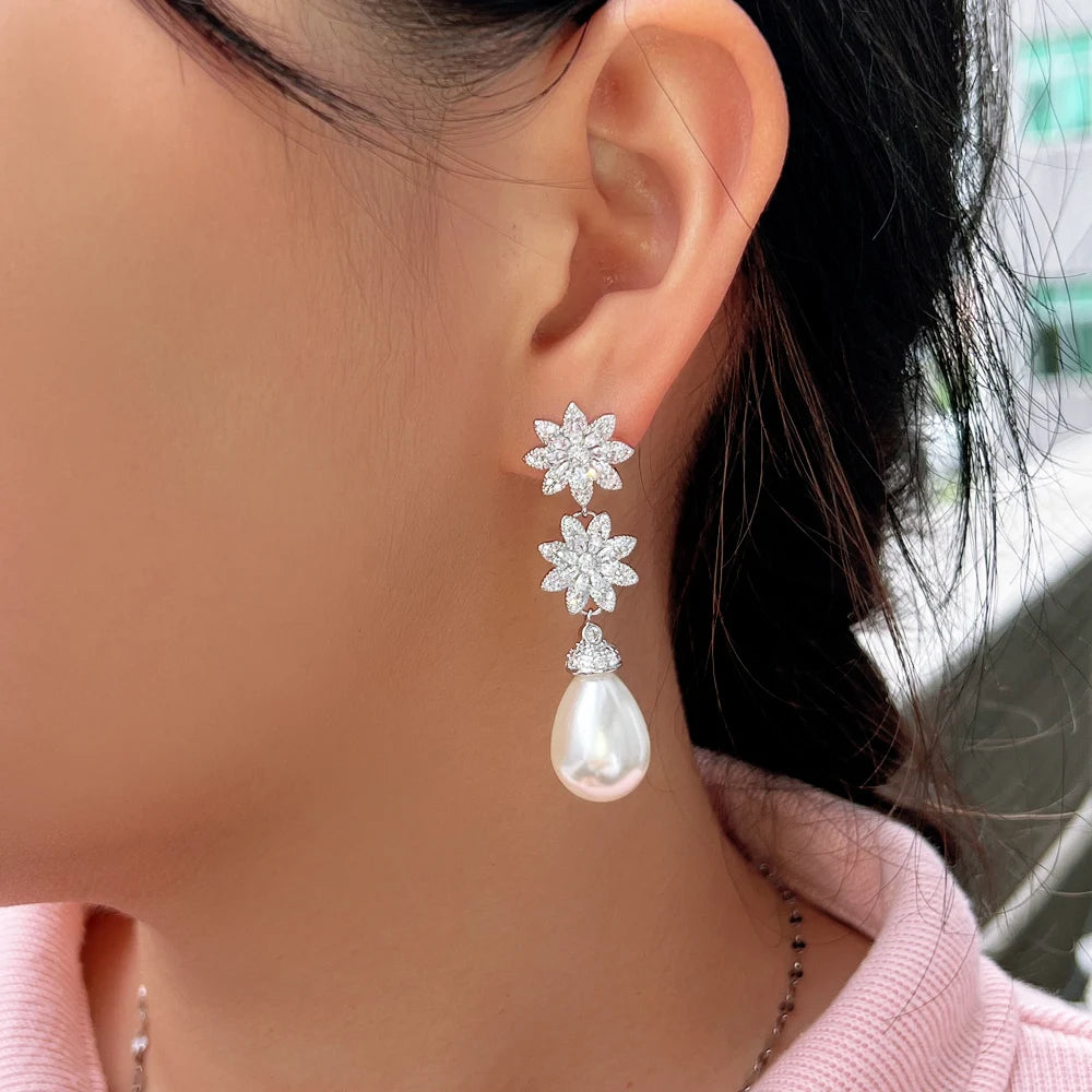 Chic Cubic Zirconia Cluster Flower Dangle Drop Long Pearl Earrings for Women Wedding Pageant Jewelry Accessory - EUFASHIONBAGS