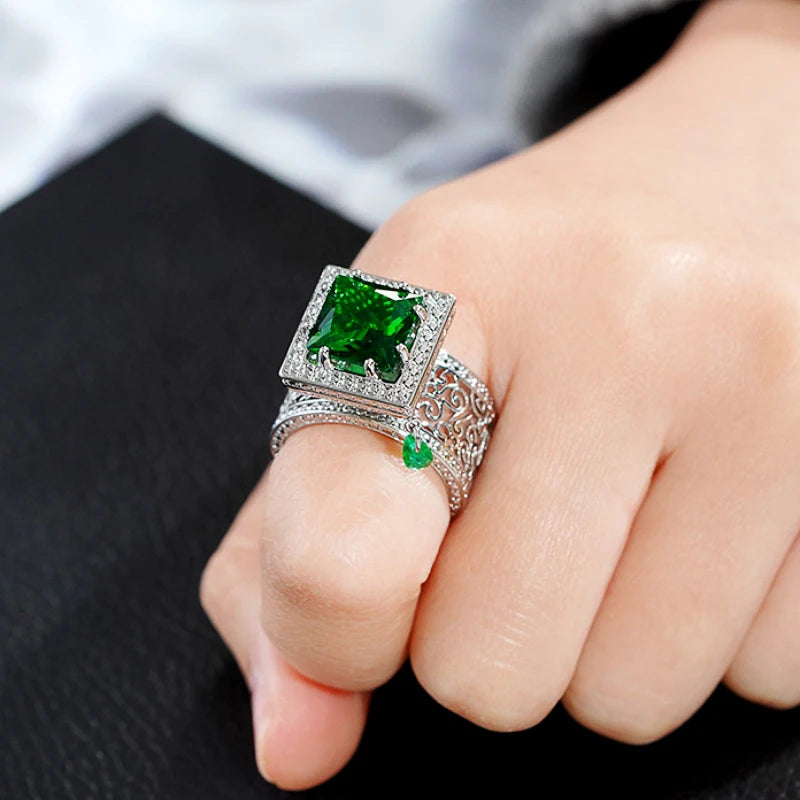 Square Green Cubic Zirconia Rings Gorgeous Hollow Pattern Women Accessories Unique Wedding Rings Gift New Trendy Jewelry