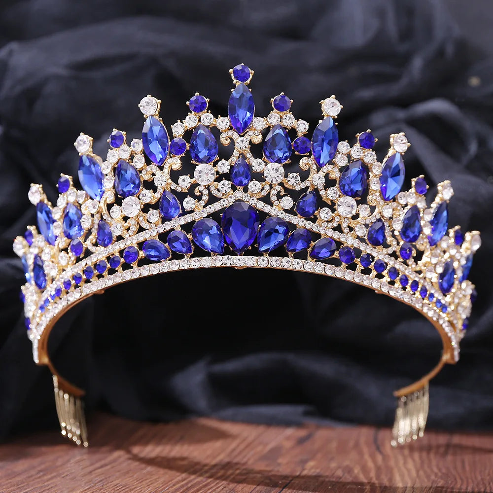 Baroque Blue Green Opal Wedding Crown With Comb Crystal Royal Queen Bridal Tiaras Big Rhinestone Pageant Diadem Head Accessories - EUFASHIONBAGS